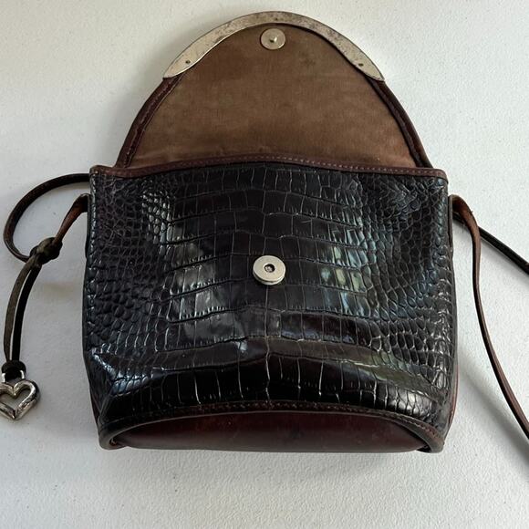 Brighton Crossbody Bag Woven Croc Embossed Brown Leather Metal Detail on Flap - Picture 11 of 16